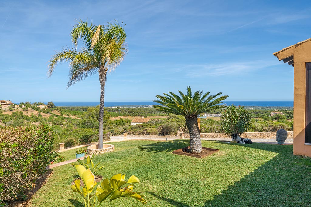 Grüner Mediterraner Garten in Hanglage mit Palmen und Blick auf das Meer